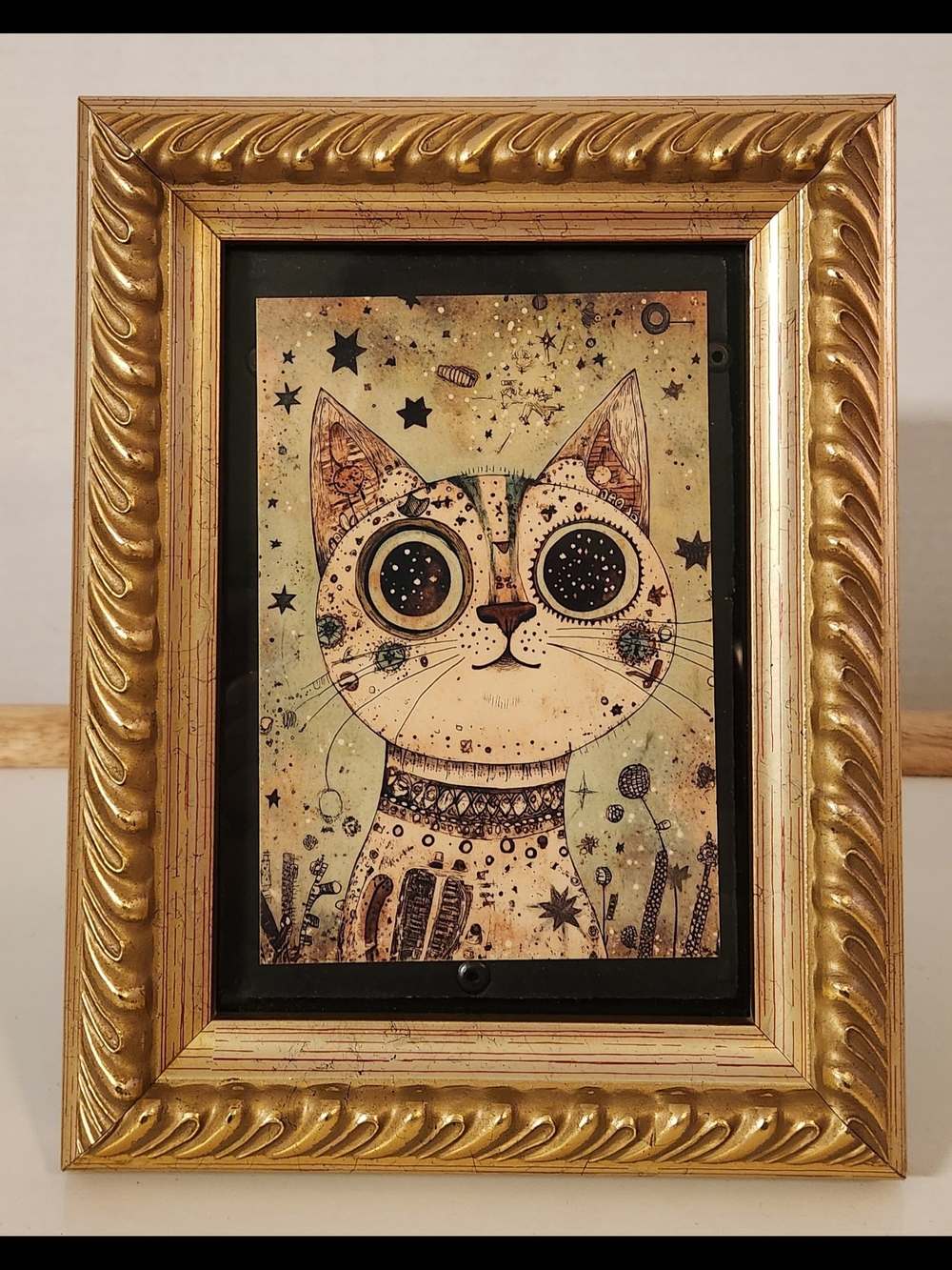 Ornate Gold Framed Cat Print - Eclectic Boho Wall Decor 7x9